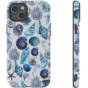 May include: A white phone case with a blue and white seashell pattern. The case features a variety of seashells, including nautilus shells, clams, and starfish.