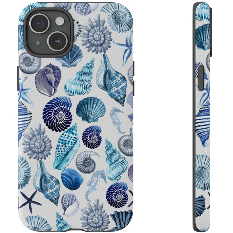 May include: A white phone case with a blue and white seashell pattern. The case features a variety of seashells, including nautilus shells, clams, and starfish.