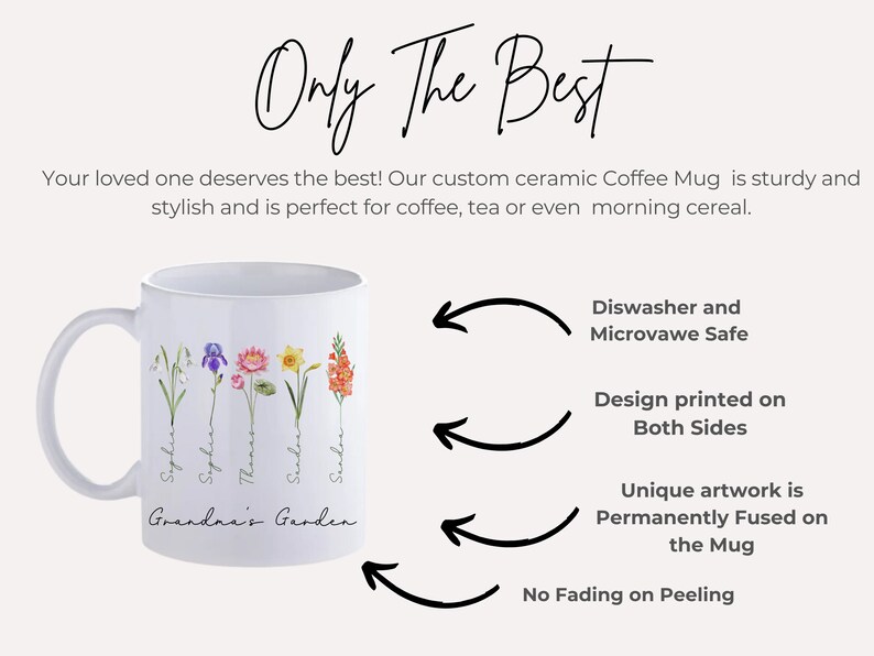 May include: White ceramic coffee mug with a floral design and the text "Grandma's Garden". The mug is dishwasher and microwave safe and the design is printed on both sides.