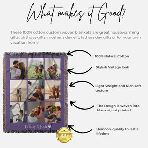 May include: A purple woven throw blanket with a fringe border. The blanket features a collage of six photos of a couple. The text "Tiffany & Josh" is printed on the blanket. The blanket is made of 100% natural cotton and has a stylish vintage look. It is lightweight and soft, and the design is woven into the blanket, not printed.