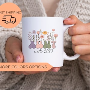 Personalized Wildflowers Auntie Mug for New Aunt Mug, Custom Gift for Aunt Pregnancy Announcement Reveal to Auntie Est 2023 Auntie Gifts