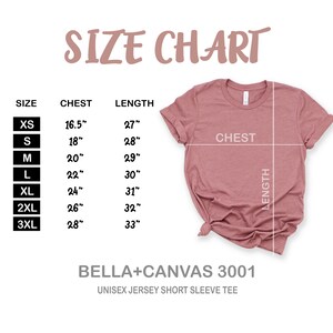 May include: Size chart for a unisex jersey short sleeve tee, showing chest and length measurements in inches for sizes XS to 3XL. The chart is printed on a white background with a pink t-shirt displayed next to it.