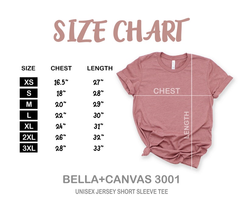 May include: Size chart for a unisex jersey short sleeve tee, showing chest and length measurements in inches for sizes XS to 3XL. The chart is printed on a white background with a pink t-shirt displayed next to it.