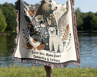 Personalized Gift for Mom Blanket Mothers Day Present from Kids Mama Bear Woven Throw Unique Thoughtful Birthday Personalized Christmas Gift