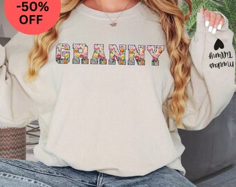 Custom Granny Sweatshirt with Kid Name on Sleeve, Floral Granny Crewneck, Personalized Granny Christmas Sweatshirt For Mimi, Gift For Grammy