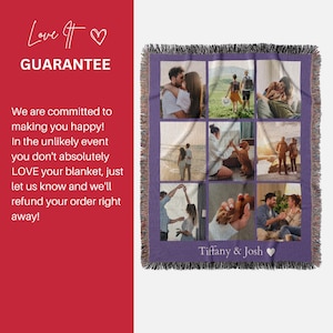 May include: A purple woven throw blanket featuring a collage of nine photographs of a couple. The photos depict the couple in various locations, including a beach, a park, and a woodland setting. The blanket has a fringed border and the text "Tiffany & Josh" is printed at the bottom.