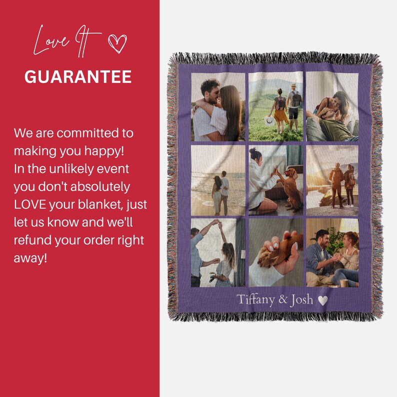 May include: A purple woven throw blanket featuring a collage of nine photographs of a couple. The photos depict the couple in various locations, including a beach, a park, and a woodland setting. The blanket has a fringed border and the text "Tiffany & Josh" is printed at the bottom.