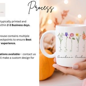 May include: White ceramic mug with a floral design and the text "Grandma's Garden". The mug features five different flowers with names written underneath each flower: "Sophia", "Sophia", "Thomas", "Sandon", and "Sandoe".