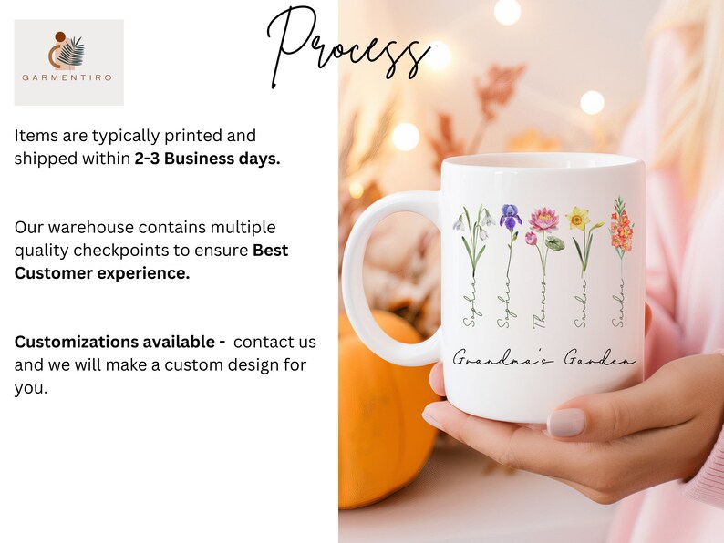 May include: White ceramic mug with a floral design and the text "Grandma's Garden". The mug features five different flowers with names written underneath each flower: "Sophia", "Sophia", "Thomas", "Sandon", and "Sandoe".