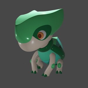 May include: A green and blue cartoon creature with large eyes and a rounded body. The creature has six legs and a green shell on its back.