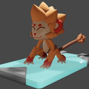 May include: A small, orange and red lion figurine with a fluffy mane and a long tail. The figurine is standing on a blue and gray platform.