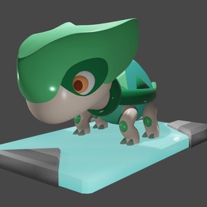 May include: A green and white cartoon turtle with large eyes stands on a light blue and gray platform.