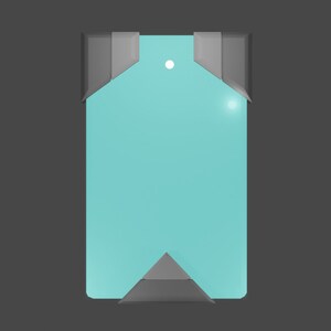 May include: A turquoise blue tag with a hole in the top and gray corners.