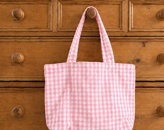 Pink Gingham Tote Bag: Canvas Laptop Bag with Pockets