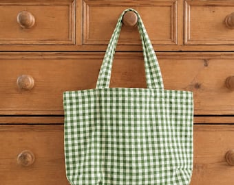 Sage Green Gingham Tote Bag: Canvas Lined with Pockets