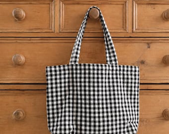 Black Gingham Tote Bag: Minimalist Work Shoulder Bag