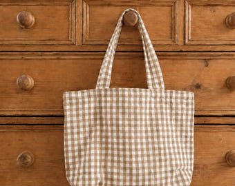 Biscuit Gingham Tote Bag, Checkered Aesthetic Canvas Bag, Cute Everyday Shoulder Bag, Cottagecore Market Tote, Gift for Her