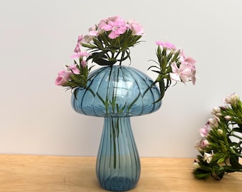 Blue Glass Mushroom Vase: Cottagecore Home Decor (12x9cm)