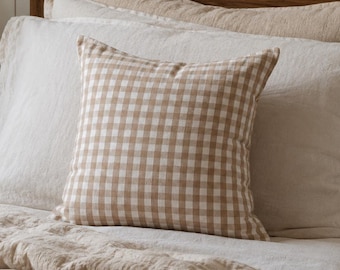 Taupe Gingham Cushion Cover: Farmhouse Checkered Pillow, 45cm