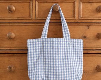 Blue Gingham Tote Bag: Checkered Print, Canvas Lined