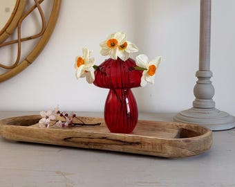 Red Glass Mushroom Vase: Cottagecore Decor (12x9cm)