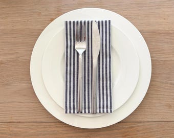 Striped Navy Fabric Napkins (Set of 4): Rustic Table Linens