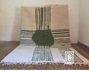 Green & White Beni Ourain Rug – Handmade Moroccan Wool Rug, Abstract Geometric Berber Carpet, Modern Area Rug, Luxury Boho Home Decor