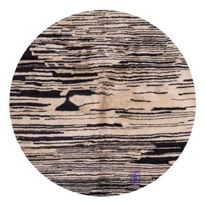 Round Moroccan Mrirt Wool Rug - Cream and Black - Handmade Abstract Berber Circle Area Rug