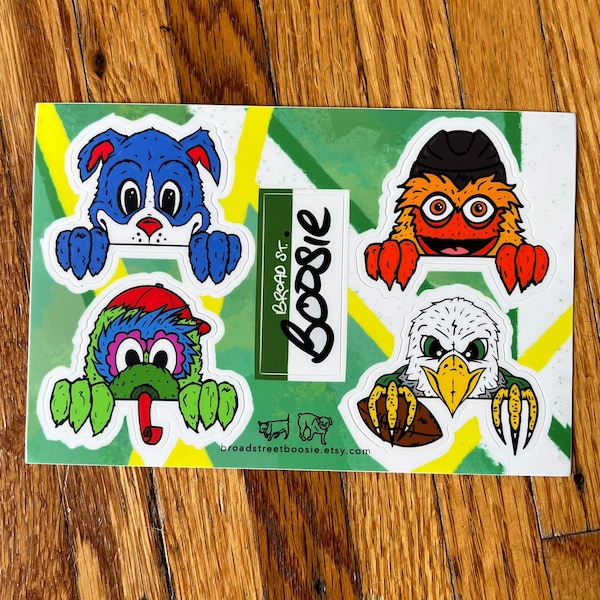 Peeping Philly Mascots Stickers - Philadelphia Flyers Phillies Eagles Sixers - Gritty Phanatic Swoop Franklin - 4 stickers 1 sheet