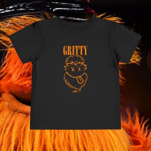 May include: Black t-shirt with an orange graphic of Gritty, the Philadelphia Flyers mascot, with the word "Gritty" above the graphic.