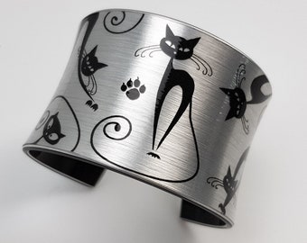 Black Cats Handmade Cuff Bracelet, Love Cats Jewelry, Silver Cuff Bracelet, Gift For Her, Animal Print Jewellery, Girlfriend Funny Gifts