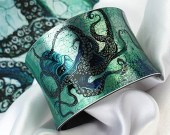 Handmade Cuff Bracelet OCTOPUS ATLANTIC, Gift For Her, Women Octopus Jewelry, Ocean Octopus Bracelet, Blue Octopus Bangle, Nautical Jewelry