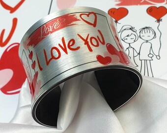 I Love You Wide Cuff Bracelet, Valentines day gift for her, Women Love Jewelry, Adjustable cuff bracelet, Me and You Gifts, Red Hearts Gift