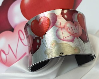 Cute heart bracelet, Valentines day gift for her, Wide cuff bracelet with bear, Gift for best friend, Cuff bracelets for women