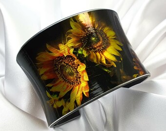 Handmade Cuff Bracelet "SUN", Gift For Her, Women Art Jewellery, Designer Bangle, Yellow Sunflowers, Floral Print, Flowers Jewelry Bangles