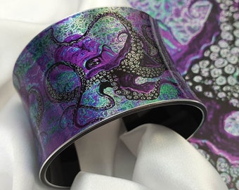 Octopus Handmade Cuff Bracelet, Nautical Gift For Her, Octopus Women Jewelry, Ocean Octopus Bracelet, Nautical Jewelry, Purple Art Bangle