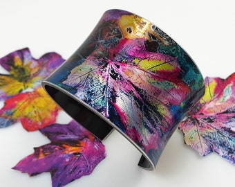 Handmade Cuff Bracelet AUTUMN, Gift For Her, Abstract Colorful Leaves, Women Art Jewellery, Nature Artistic Bangle, Wife Girlfriend Gifts
