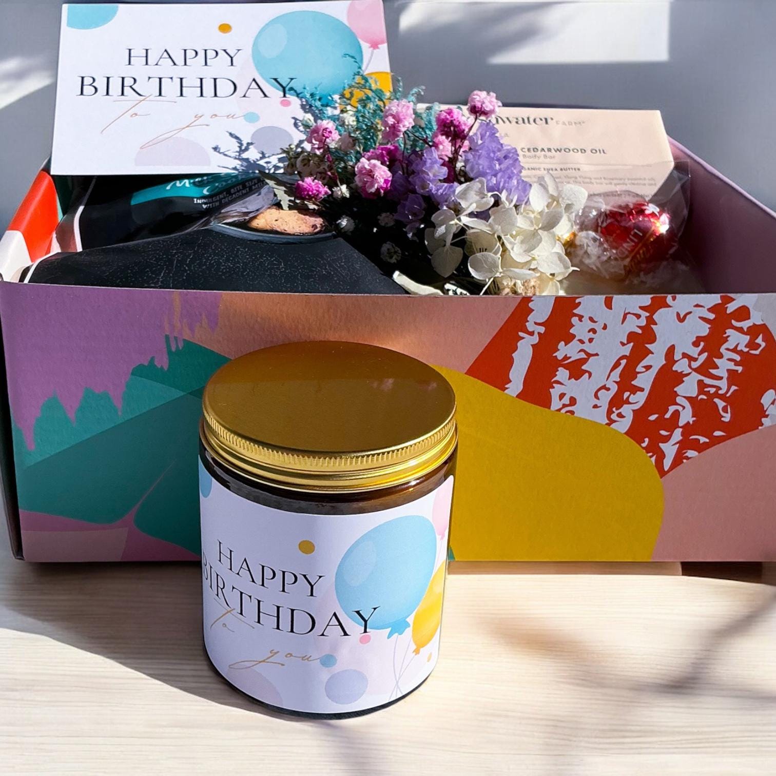 Birthday Gift Box: Soy Candle, Spa Set & Dried Flowers