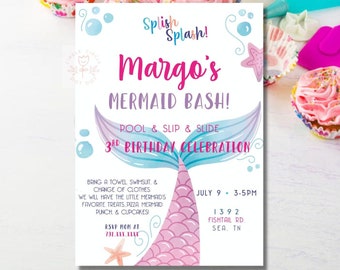 Mermaid Birthday Party Invitation, Bash Splash Birthday Party, Pool Party, Mermaid, Girl Birthday Party Invitation, Little Mermaid, Glitter