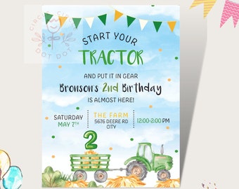 Tractor Birthday Invitation, Tractor Birthday Party, Watercolor Tractor, Farm Animal Birthday, Farm Birthday Invitations, 1st Birthday