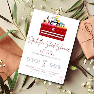 May include: A red toolbox with tools spilling out of it. The text "Stock the Shed Shower" is written in red cursive. The text "Honoring Eli Ervin Groom-Elect of Ally Paige" is written in black. The date "03.30.24" and time "6:00 P.M." are written in blue. The text "The home of Mr. & Mrs. Henry Charles 324 Toolbos Lane, Troy, TN RSVP to 721.416.0000" is written in black.