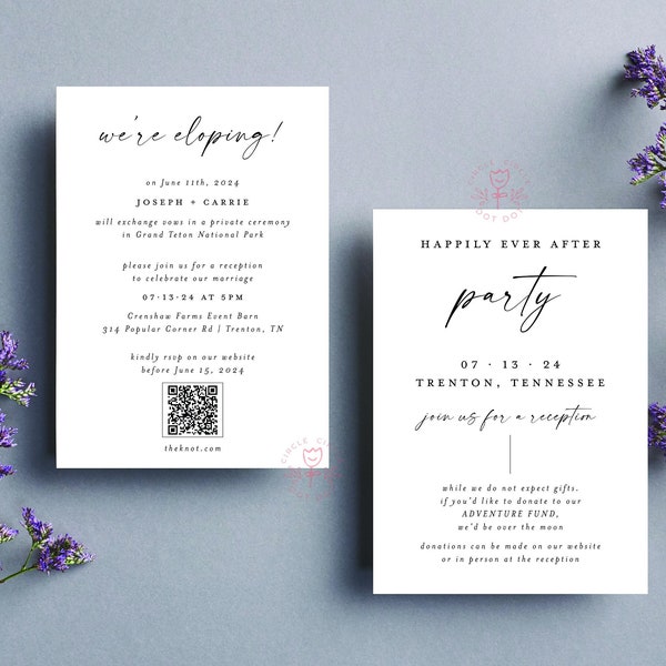 We're Eloping Invitation, Elopement Announcement, Wedding Invitation, Reception Invitation, Modern Wedding Invite, Elopement Invitation