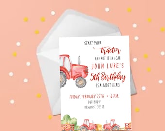 Farmer Birthday Party Invitation, Tractor Birthday, First Birthday, Farm Animals Birthday Party, Watercolor Invitation, Boy Birthday Party