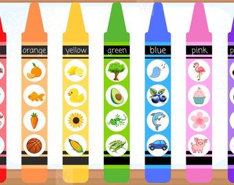 May include: A colorful educational chart featuring seven crayons, each labeled with a different color: red, orange, yellow, green, blue, pink, and purple. Each crayon displays related images, such as a strawberry for red and a blueberry for blue.