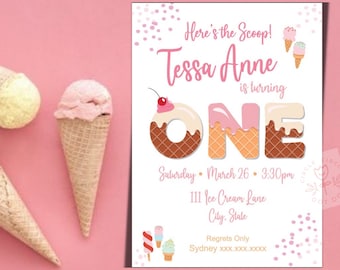 Ice Cream Birthday Party, First Birthday Party, Ice Cream Party, Here's the Scoop, Girl Birthday Party, Ice Cream Invitation, First Birthday