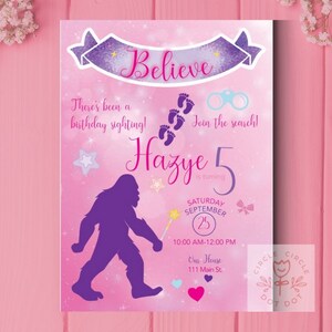 Bigfoot Birthday Invitation, Glitter Birthday Invitation, Bigfoot Birthday Party, Pink Birthday Invitation, Girl Birthday Invitation