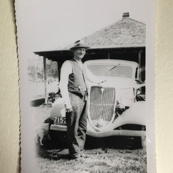 Vintage Man By Car Photograph, Antique Photo, Old Photo, Black and White, Sepia Photo