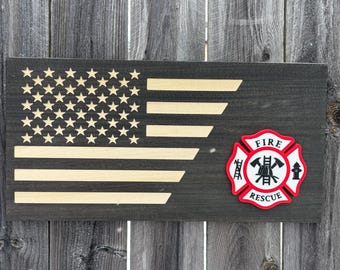 Firefighter Rustic Wooden Flag