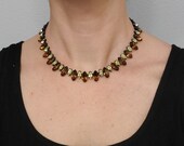 Vintage Midcentury Marquise Cut Lemon Quartz Crystal and Smoky Topaz Brown Colored Rhinestones Adjustable Necklace
