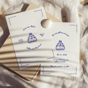 Whimsical Cake Save the Date Card: Hand-Drawn Wedding Template (Editable Canva Template)